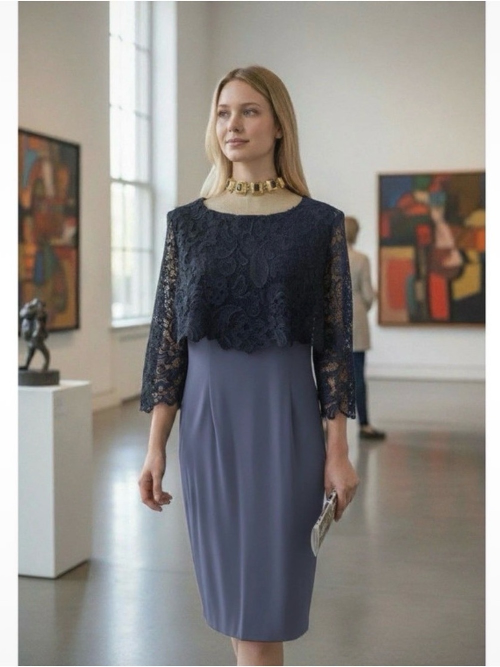 Monroe & Main Navy Lace Overlay Midi Dress